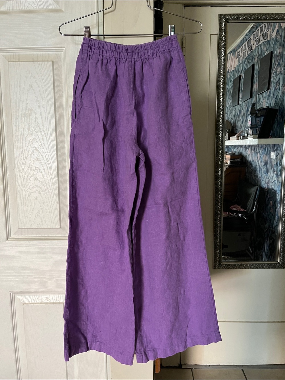 100% BELGIUM LINEN PANTS POCKETS WIDE LEG PALAZZO TROUSERS PURPLE OFFICE